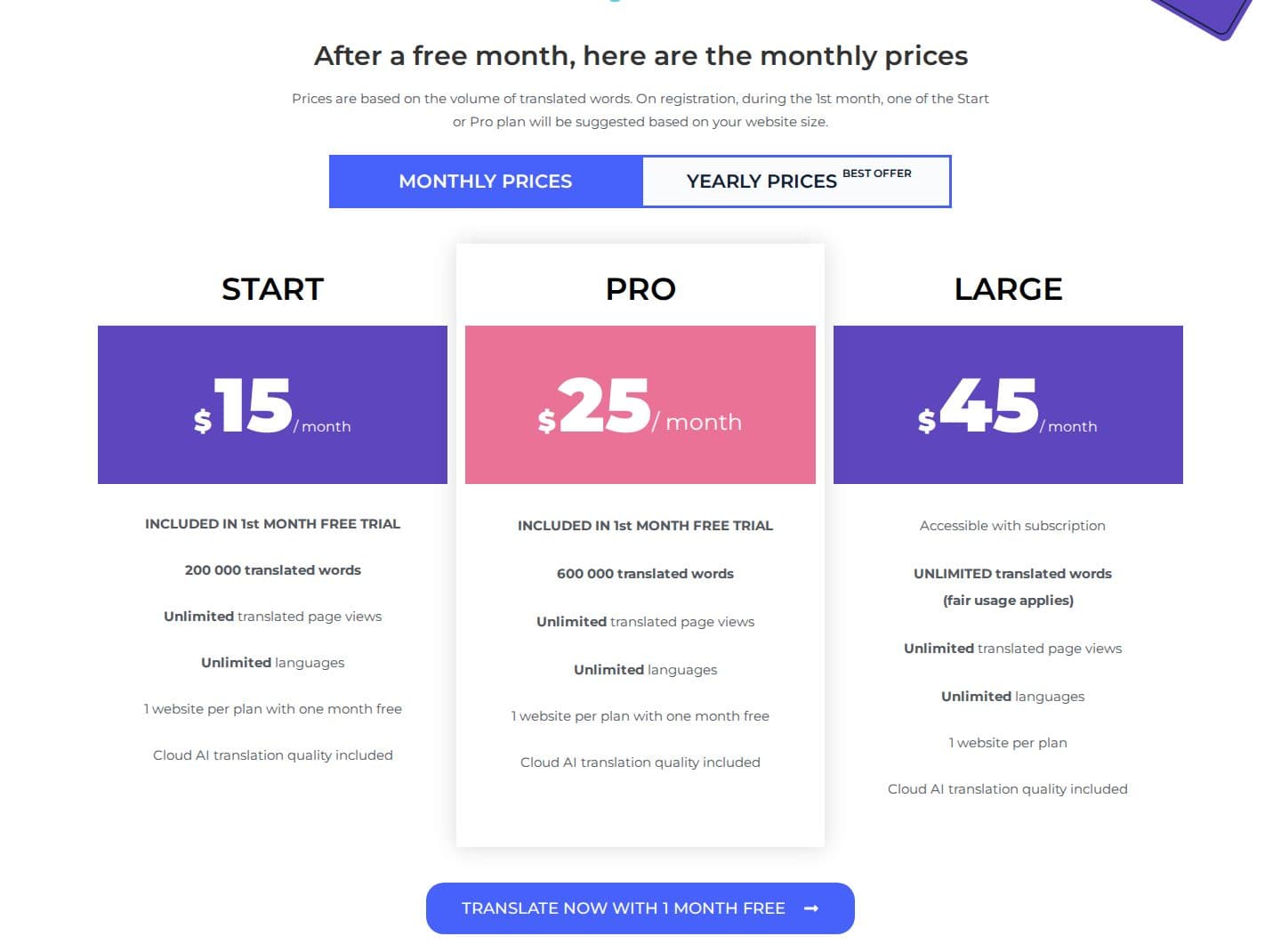 Linguise pricing page showing Start, Pro, and Large monthly plans