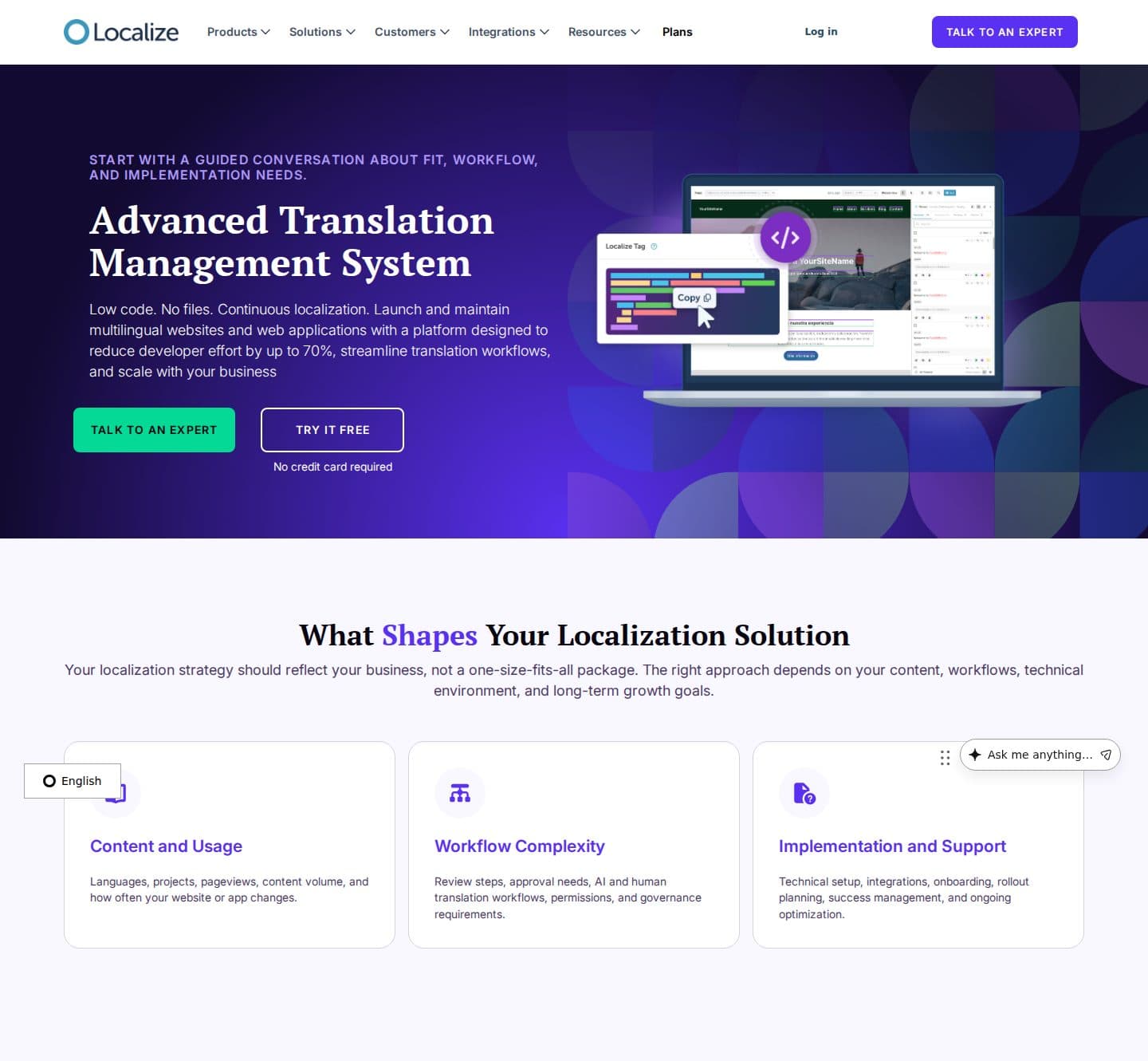 Localize plans page describing tailored pricing with Talk to an expert and Try it free buttons